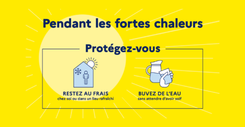 Pendant les fortes chaleurs Protégez-vous Restez au frais chez soir ou dans un lien rafraichi Buvez de l'eau sans attendre d'avoir soif