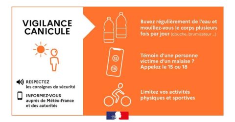 Vigilance canicule respectez les consignes de sécurité Informez-vous auprès de Météo France et des autorités Buvez régulièrement de l'eau et mouillez-vous le corps plusieurs fois par jour (douche, brumisateur...) Témoin d'une personne victime d'un malaise ? Appelez le 15 ou le 18 Limitez vos activités physiques et sportives