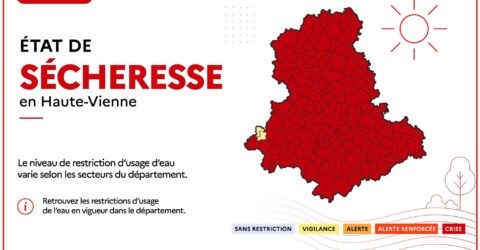 Etat de sécheresse en Haute-Vienne Le niveau de restriction d'usage d'eau varie selon le secteurs du département. Retrouvez les restrictions d'usage de l'eau en vigueur dans le département.